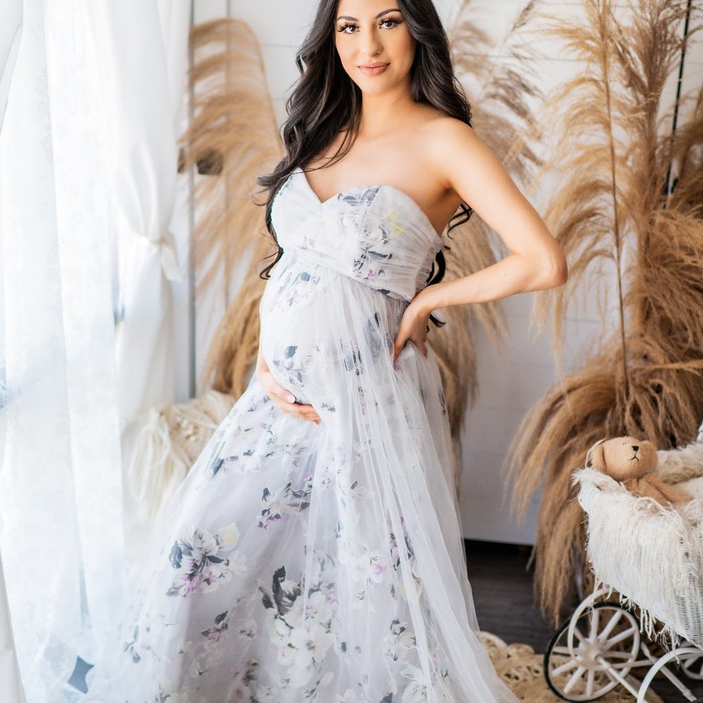 Dusty blue floral tulle gown